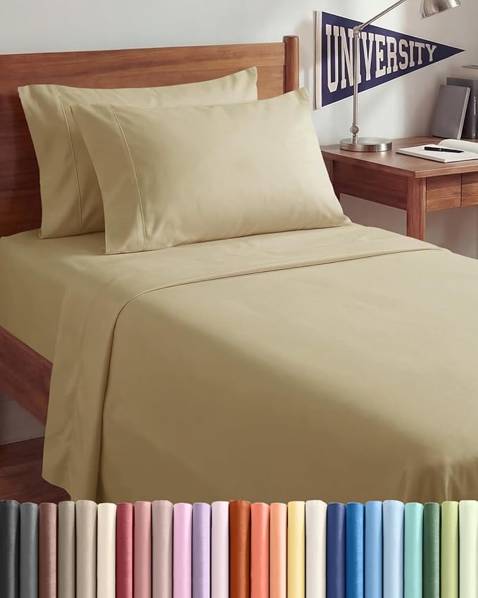 Twin XL 4 Piece Sheet Set - Comfy, Breathable & Cooling - Hotel Luxury Bedding for Women, Men, Kids, Teens and Children - 1 Flat & 1 Fitted Sheet & 2 Pillowcases w/ Deep Pockets - Wrinkle Free - Beige