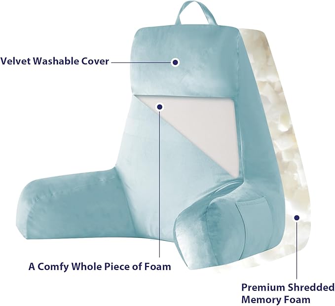 IPYNBAP Back Pillow for Bed Sitting up, Reading Pillow for Sitting in Bed Adult, Back Support Pillow, Memory Foam Sit up Lounge Backrest Pillow with Arms for TV, Couch, Chair, Dorm, 24 Inch, Lake Blue