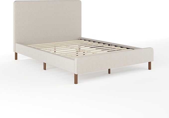 Martha Stewart Britta Platform Bed with Headboard & Footboard, Faux Linen Upholstery with Piping Detail, Rounded Headboard, No Box Spring Needed, Full, Beige