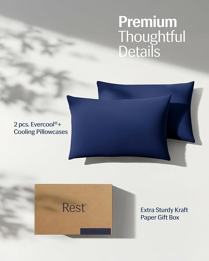 REST® Evercool®+ Cooling Pillowcases King - 2 Pillowcase for Sensitive Skin, Silver Infused Fabric for Hygienic Sleep, Silky Smooth for Curly Hair, High Elastic for Snug Fit (19x35 inches)
