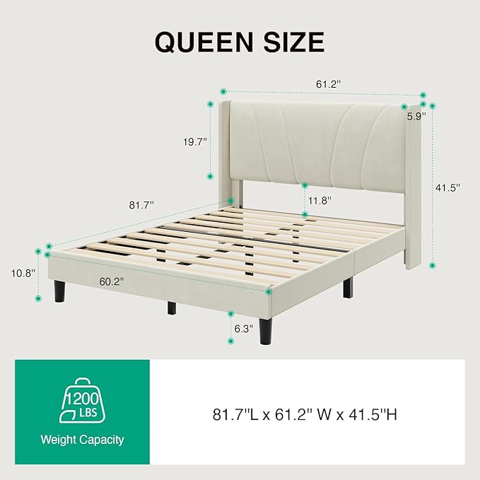 Novilla Bed Frame Queen Size, Queen Bed Frame with Headboard, Velvet Upholstered Wing Side Headboard, No Box Spring Needed, Heavy Duty Feet, Easy Assembly, White Velvet