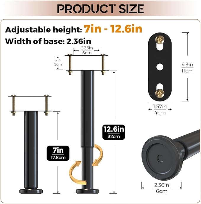 Under Bed Metal Support Legs, Adjustable Height Bed Frame Support Leg, Bed Slat Support Leg for Heavy Duty/Wooden/King/Queen Bed Frame (7"-12.6" (4pcs))
