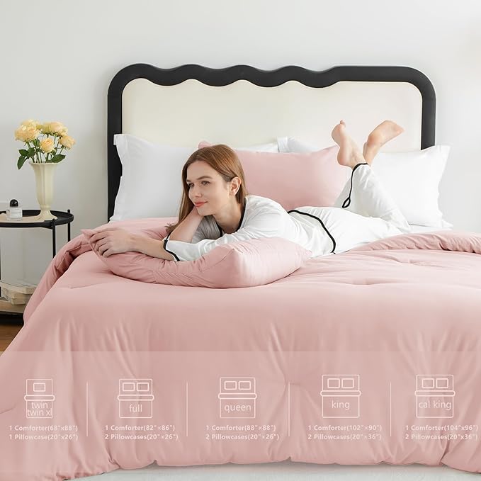 CozyLux Queen Comforter Set Blush Pink, 3 Pieces Solid Comforters Queen Size Breathable Bedding Sets, Luxury Soft Lightweight Bed Set with Down Alternative Comforter and 2 Pillowcases for All Seasons