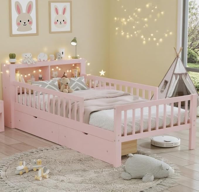 Bellemave Twin Bed Frames with Rails for Kids, Twin Bed Frame with Storage Drawers and Headboard Storage Rack for Kids，Pink