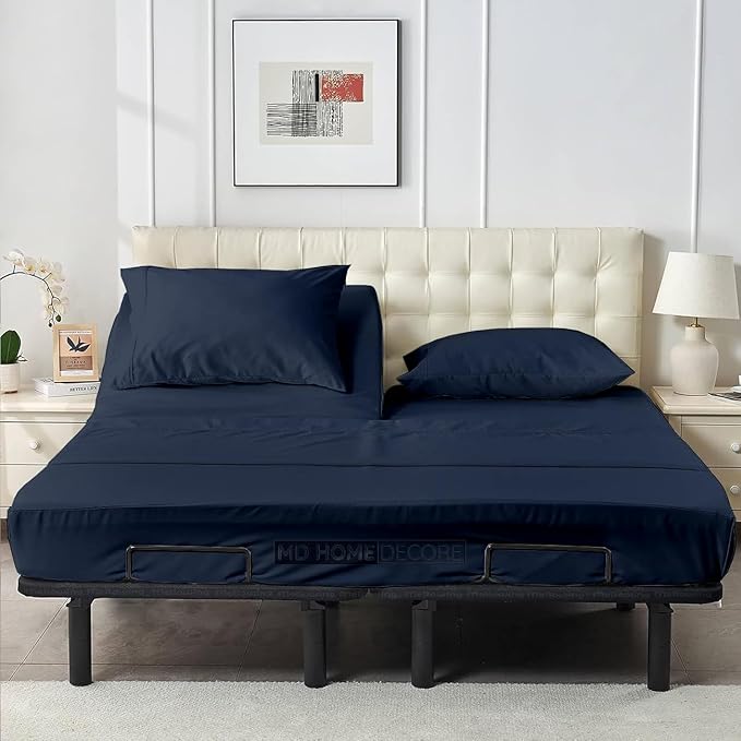4 Piece Split Head Flex Sheet Set, 34" Top Split King Sheets for Adjustable Beds, 100% Egyptian Cotton, 16 Inch Deep Pocket, Soft Durable Breathable Sheets, Navy Blue Solid, Ideal for Adjustable Beds