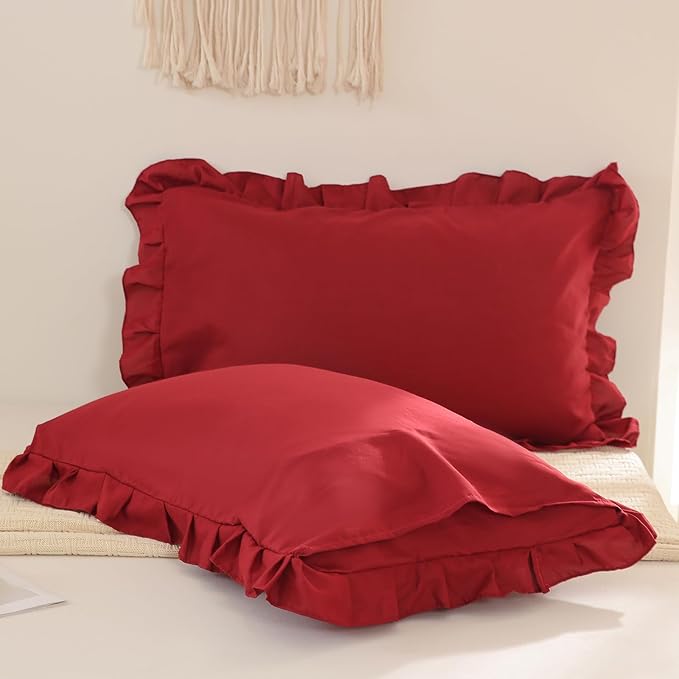 Burgundy Pillowcases King Pillowcases Ruffled Pillow Shams Set of 2 Cute Pillowcases Solid Ruffled Fringe Design Red Shabby Chic Pillowcases 2 Pack (King (20''x36''), Burgundy)