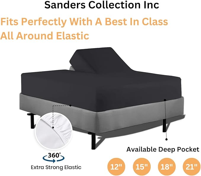 Sanders Collection Inc SCI Top Split Flex Sheet Set for Adjustable Bed 32" Split Head Queen Size 800 Thread Count 100% Egyptian Cotton 4 Piece Set fits up to 16 Inch Deep Pocket (Dark Gray)
