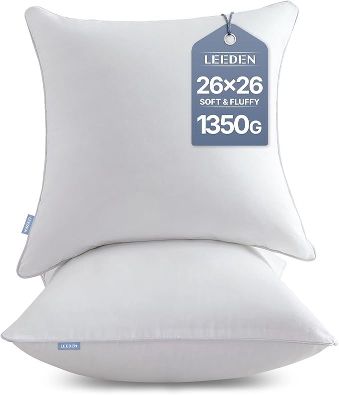 Leeden 26 x 26 Throw Pillow Inserts (Set of 2) with 100% Cotton Cover - 26 Inch Square Decorative Sofa Pillows for Sofa, Couch, Bed and Home Decor