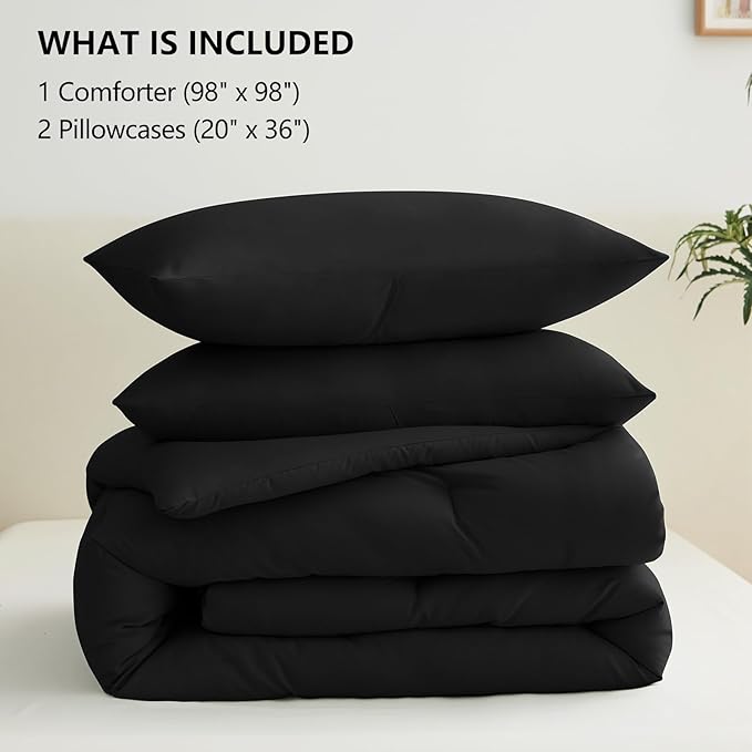 CozyLux Oversized Queen Comforter Set Black, 3 Pieces 98x98 Solid Breathable Quilted Bedding Sets for All Season, Luxury Soft Lightweight Bed Set with Down Alternative Comforter and 2 Pillowcases