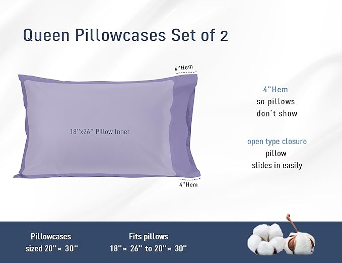 Pillow Cases, Standard Queen Size Cotton Percale Weave Pillowcases, Pre-Shrunk Breathable and Hypoallergenic Pillowcases, Set of 2 (2 Piece Standard/Queen 20 Inch x 30 Inch, Purple)