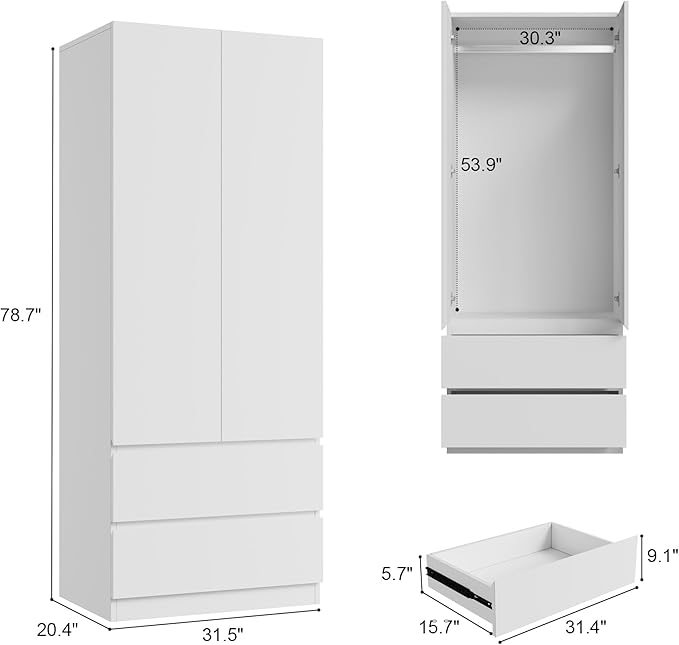 Wooden Armoire Wardrobe Closet with 2 Doors, 79" Bedroom Wardrobe with 2 Drawers, Cabinet for Clothes with Hanging Rod & Shelves, Freestanding Closets for Bedroom (White, 1)