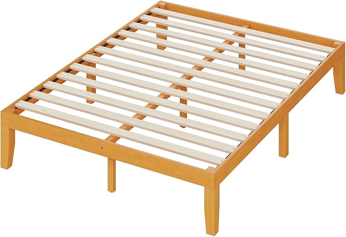 DUMOS Queen Solid Bed Frame Wood 16 Inches, Sturdy Platform Bed with Heavy Duty Wood Slat Support, No Box Spring Needed, Easy Assembly, Natural Pine