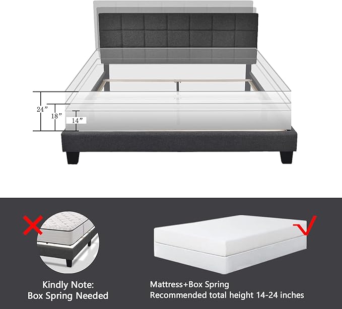 Allewie Queen Size Panel Bed Frame with Adjustable Headboard for High Profile/Fabric Upholstered/Square Stitched Padded Headboard/Box Spring or Bunkie Board Required/Dark Grey