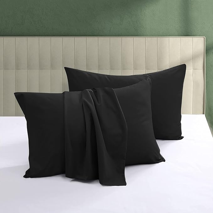 100% Egyptian Cotton Pillow Protectors Set of 2, 600 Thread Count King Size Bed Pillow Cases with Zipper, Sateen WeaveCooling Pillow Cases Quiet and Breathable Easy Care (2PCS, King, Black)