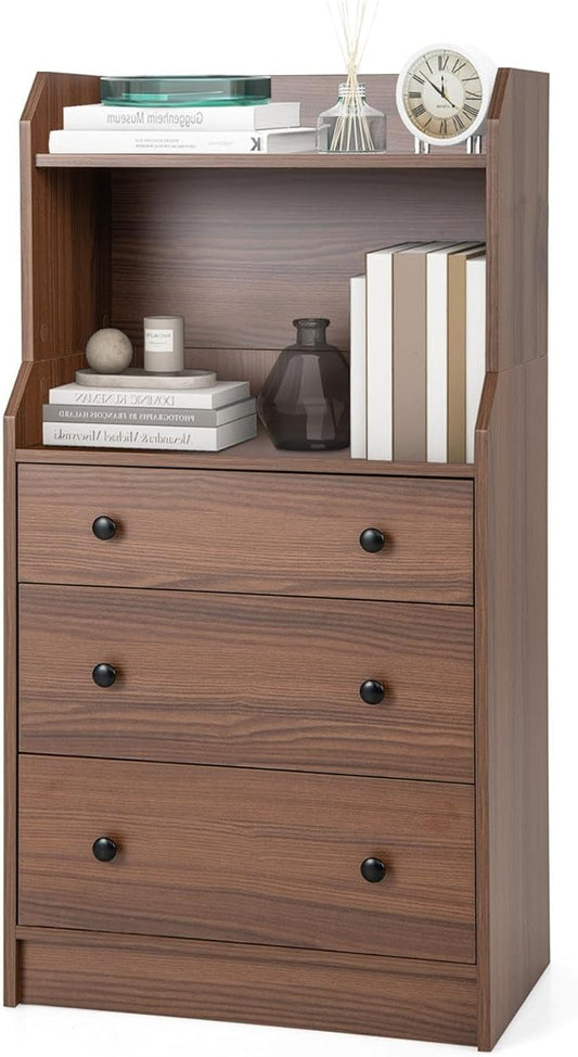 Tall 3 Drawers Dresser, Wood Chest of Drawers with 2 Open Shelves, Modern Nightstand with Anti-Toppling Device, Home Storage Cabinet Dresser Closet for Bedroom, Living Room, Entryway (Walnut)