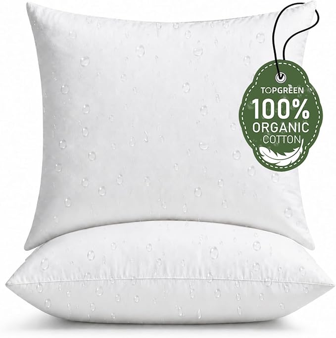 TOPGREEN Feathers Down Outdoor Pillow Inserts 20x20 (Set of 2, White), 100% Organic Cotton Shell, Fluffy Soft Water-Resistant Throw Pillows for Sofa, Patio Furniture and Garden