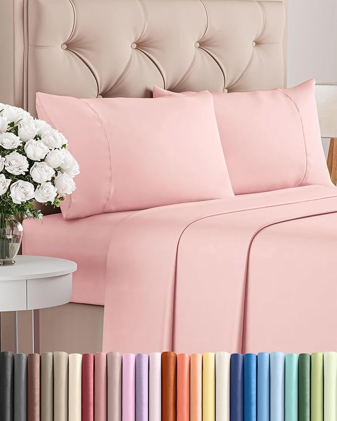 Twin 4 Piece Sheet Set - Comfy, Breathable & Cooling - Hotel Luxury Bedding for Women, Men, Kids, Teens & Children - 1 Flat & 1 Fitted Sheet & 2 Pillowcases w/ Deep Pockets - Wrinkle Free - Baby Pink