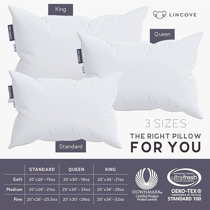Lincove Cloud Natural Canadian Down Pillow, White Luxury Sleeping Pillow - 625 Fill Power, 500 Thread Count Cotton Shell, Made in Canada, Standard - Medium, 1 Pack