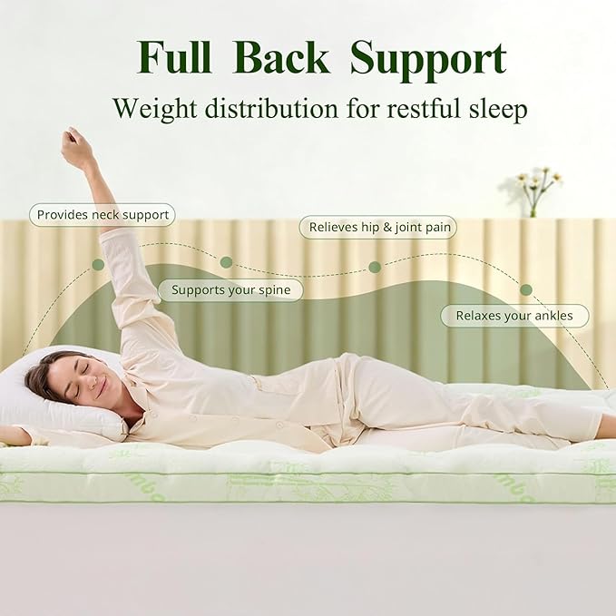 Memory Foam Mattress Topper - Viscose Made from Bamboo Pillow Top Thick Queen Size Mattress Pad for Back Pain, Ultra Soft & Cooling for Hot Sleepers, 6-18'' Deep Pocket, Green