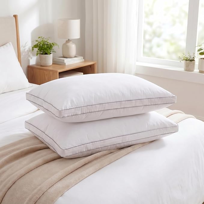 Goose Down Pillows, Standard Size Set of 2 with 3-Layer Design, Hotel Down Bed Pillow for Side, Back, and Stomach Sleepers, Soft 600 Thread Count Cotton Cover–Luxury Hotel Pillows Quality(20" x 26")