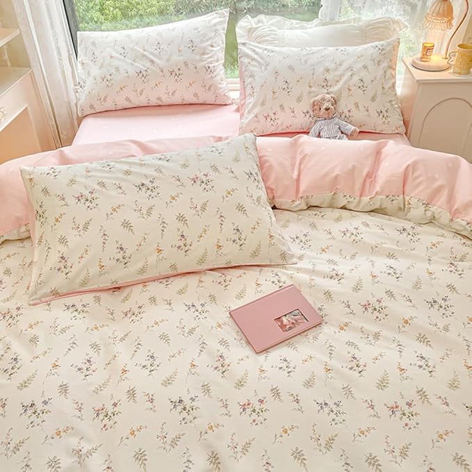 Nayoroom Floral Duvet Cover Queen Size Girls Pink White Botanical Flower Coquette Bedding Set 3 Pieces Soft Breathable Garden Cottagecore Aesthetic Comforter Cover with Pillow Shams