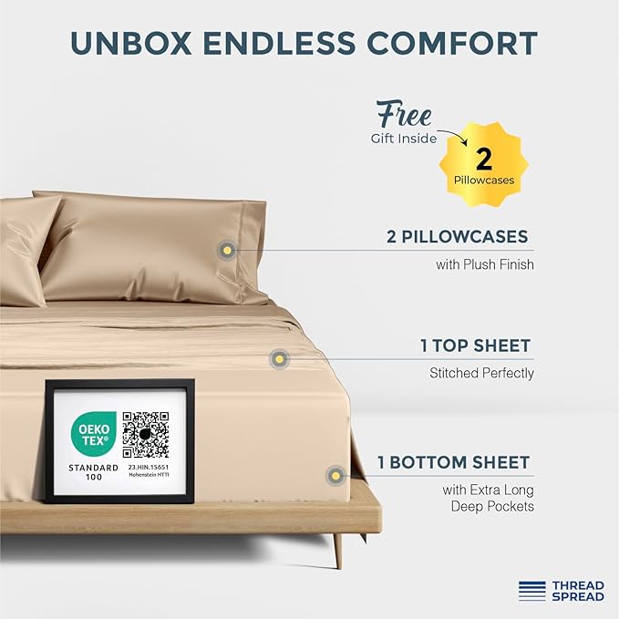 THREAD SPREAD 100% Egyptian Cotton Sheets California King Size - 1500 Series Cal King Sheets Egyptian Cotton (4 PC, Taupe), Silky Soft, Sateen Weave, Cooling & Breathable, 17" Deep Pocket Bed Set
