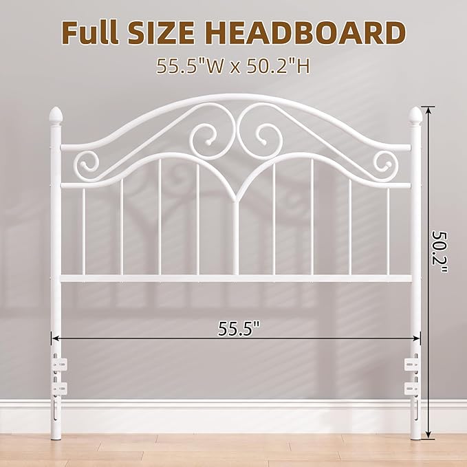 Elephance Headboard for Full Size Bed Frame, Vintage Platform Bed Metal Headboard Only, Height Adjustable, Sturdy and Stable, Full Size, Easy Assembly,White
