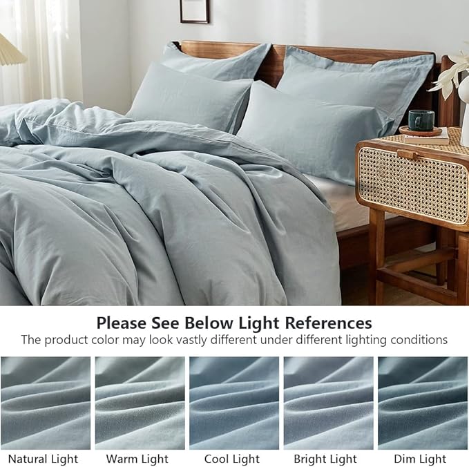 Simple&Opulence 100% Washed Linen Duvet Cover Set 5pcs(1 Duvet Cover& 2 Shams& 2 Pillowcases) Basic Style Natural French Flax Soft Breathable Farmhouse Bedding (Queen, Dusty Blue)
