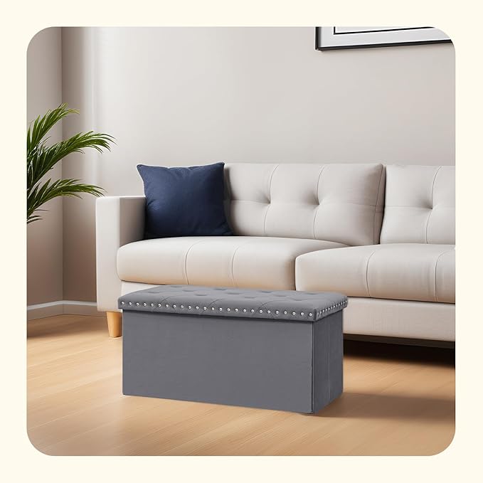 PINPLUS Storage Ottoman Bench, Folding Velvet Fabric Ottomans with Storage, Large Long Shoes Chest with Rivet Design, Blanket Chests Foot Rest Stool for Bedroom Living Room, Grey,30"x15"x15"