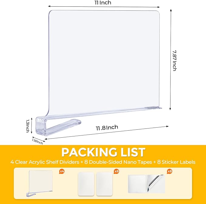 JOY DECOR 6 Pack Acrylic Clear Shelf Dividers for Closets Organizer and Storage Adjustable Vertical Wood Shelf Closet Separators for Clothes,Book,Bags in Bedroom and Kitchen