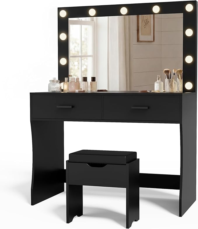 YESHOMY Vanity Desk with Mirror,Makeup Vanity Table with 11 Adjustable Lights and 2 Spacious Drawers,3 Lighting Modes with Control&Soft-Padded Storage Stool,Modern Bedroom Vanity Set,Black