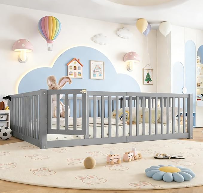 Bellemave Queen Size Montessori Floor Bed with 23.5" High Rails, Pine,Plywood Floor Bed with Small Door, Gray