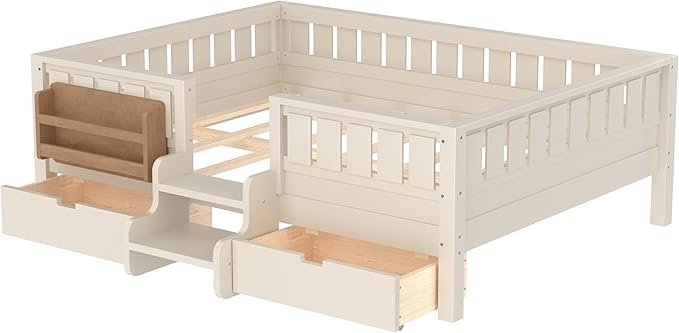 Bellemave Full Size Kids Montessori Bed with Stairs and Bookshelf,Solid Wood Full Size Kids Bed Frame with Drawers and Storage for Girls Boys,Low-Profile,Beige