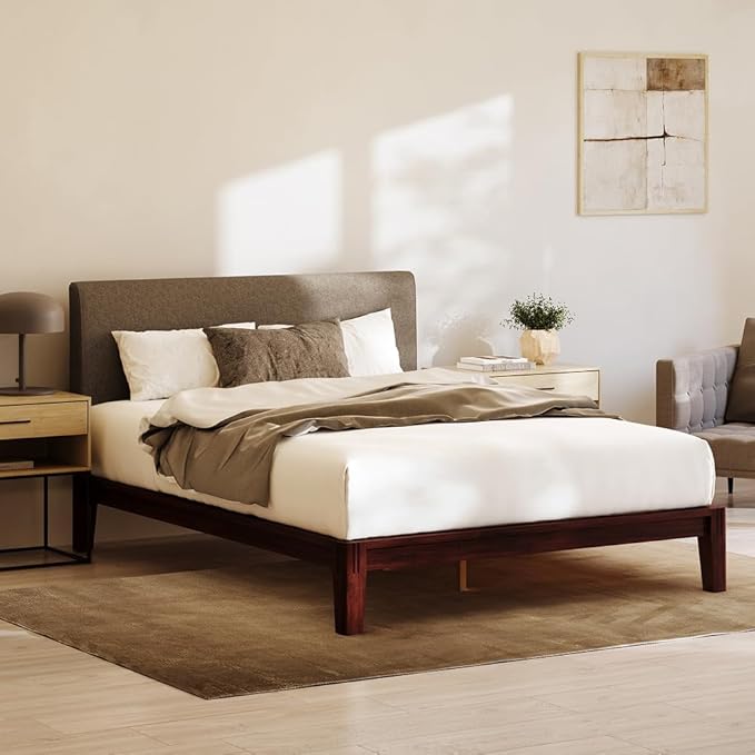 Nectar Bamboo Platform Bed Frame & Upholstered Headboard - Twin XL - Walnut/Slate - Floating Center Support Legs -12” Height - Easy Tool Free Set Up - Sturdy Wooden Support Slats - Holds Up To 500 lbs