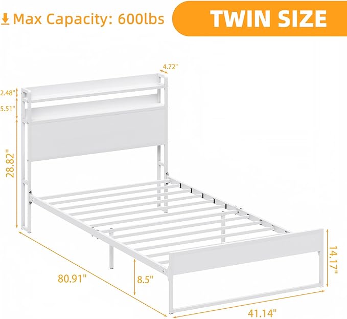 Elephance Twin Bed Frames,Metal Platform Bed Frame with 2-Tier Storage Headboard, No Box Spring Needed, Noise Free, Easy Assembly,White