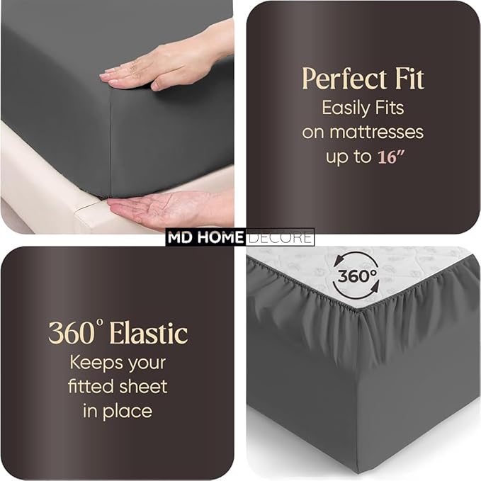 4 Piece Split Head Flex Sheet Set, 39" Top Split King Sheets for Adjustable Beds, 100% Egyptian Cotton, 16 Inch Deep Pocket, Soft Durable Breathable Sheets, Dark Grey Solid, Ideal for Adjustable Beds