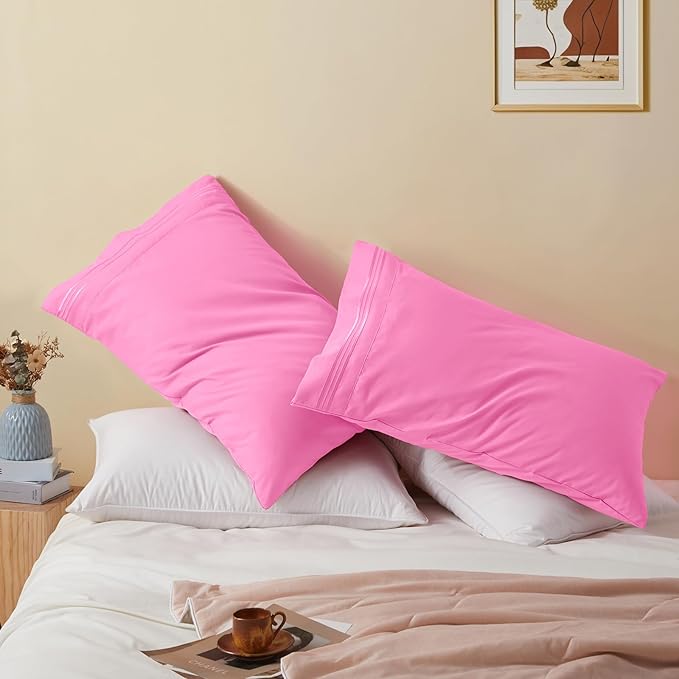 Vonty 2 Pack King Pillow Cases - 20x40 Inch, 1800 Thread Count Microfiber Pillowcases King Size Pink Pillow Cases Luxury & Soft Embroidered Bed Pillow Covers with Envelope Closure