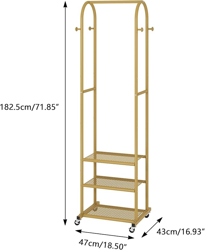 Kaitiemoo Heavy Duty Clothing Rack with Wheels,Modern Garment Rack with 3 Metal Shelves, 71.8Inches Display Rack for Hanging Clothes, Hanging Rod for Small Space,Gold