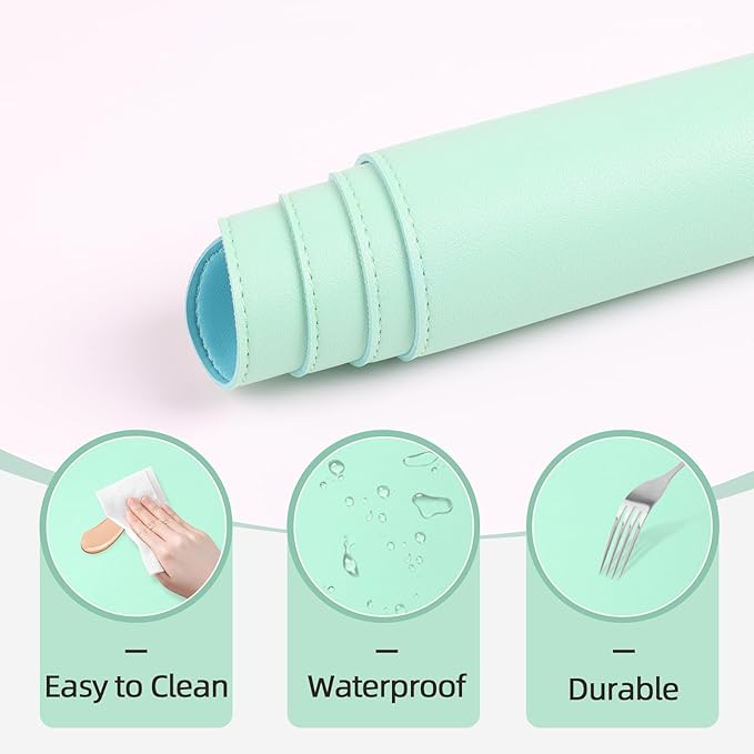 Makeup Mat for Vanity to Protect Desk Top 23.6 x 11.8 in, Dual-Sided Makeup Mat, Easy to Clean Desk Pad - Waterproof and Oilproof Vanity Accessories (Calamine Blue and Mint Green)