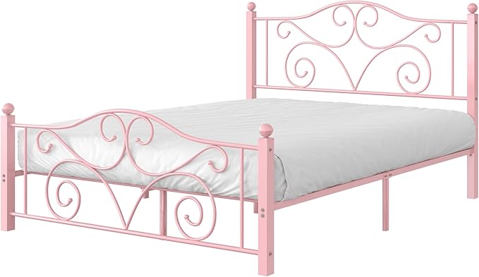 VECELO Queen Size Bed Frame with Headboard and Footboard, Heavy Duty Metal Slat Support, Platform Mattress Foundation, No Box Spring Needed, Easy Assembly, Light Pink