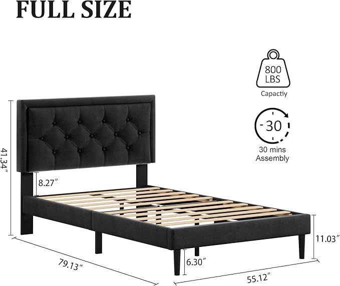 CXVX Full Size Platform Bed Frame with Upholstered Velvet Button Tufted Headboard, Mattress Foundation with Wooden Slat Support, No Box Spring Needed, Easy Assembly, Noise Free, Black