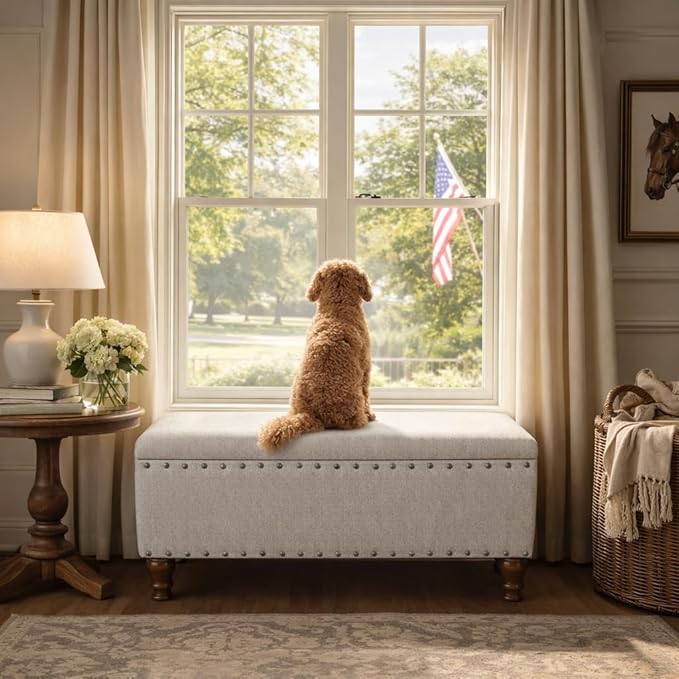 HomePop Large Storage Bench with Nailhead Trim -Gray Woven