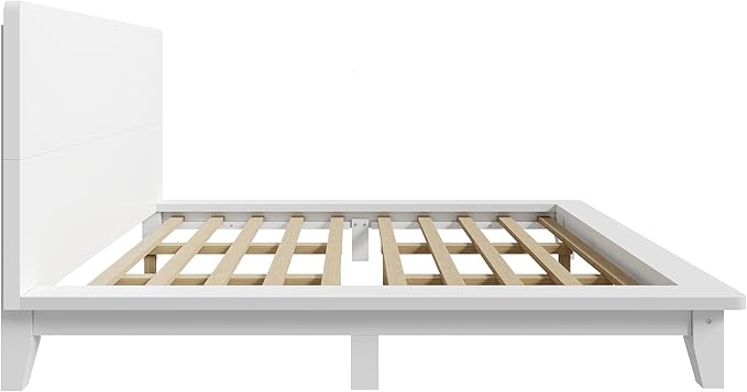 Mid-Century King Size Wooden Bed Frames, Pine Wood Japanese Low Platform Bed with White Headboard, 7 inch Low Under Bed Storage, 800 lbs Capacity, No Box Springs Required (White, King, 35.4" H)