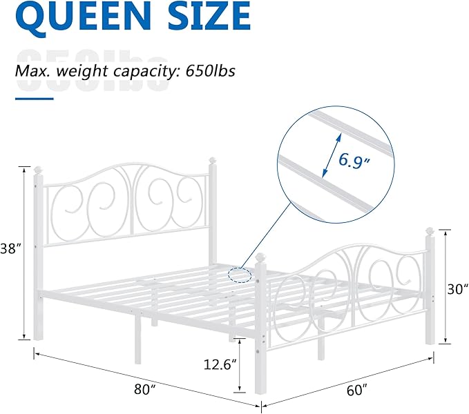VECELO Queen Size Metal Platform Bed Frame with headboard and Footboard, Heavy Duty Mattress Foundation, Steel Slat Support, No Box Spring Needed, Easy Assembly, Pure White