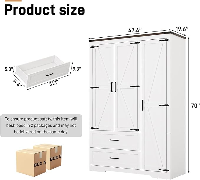 St.Mandyu Farmhouse Wardrobe Armoire Closet with 3 Doors and 2 Drawers, 70.1" Wooden Clothing Storage Cabinet, Freestanding Large Capacity Storage Wardrobe Armoire with Hanging Rod for Bedroom, White