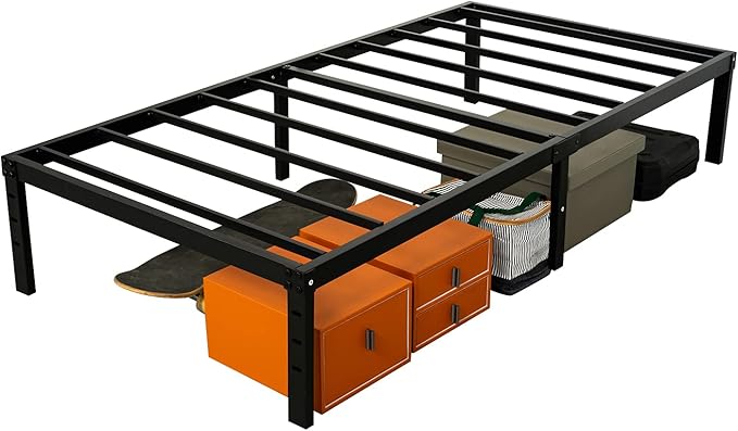 Wulanos Twin Bed Frames, Heavy Duty Metal Frames with Steel Slats Support, No Box Spring Needed, 16 Inch High Metal Platform Bed Frames with Storage, Non-Slip and Noise-Free, Black