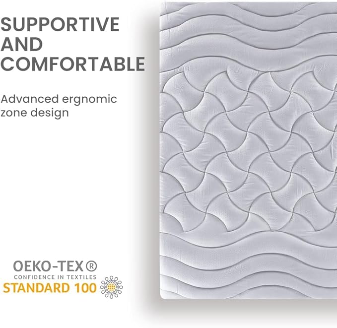 SLEEP ZONE Cooling Twin Mattress Topper for Single Bed, Premium Zoned Quilted Mattress Pad, Fitted Mattress Protector Cover, Machine Wash Durable, Deep Pocket 8-21 inch, Silver Grey, Twin