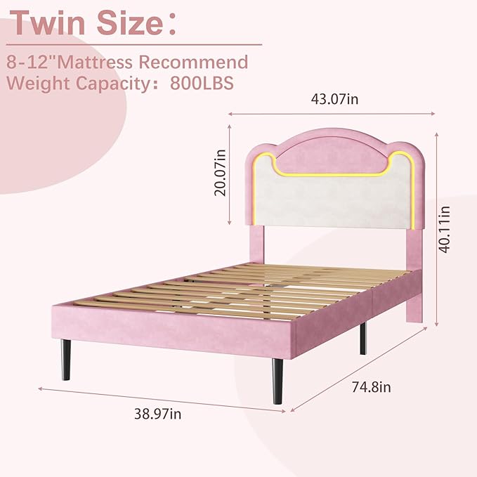 Garvee Twin Size Upholstered Bed Frame with LED Lights & Fabric Headboard, Princess Platform Bed for Girls with Wood Slats, No Box Spring Needed (Pink White)