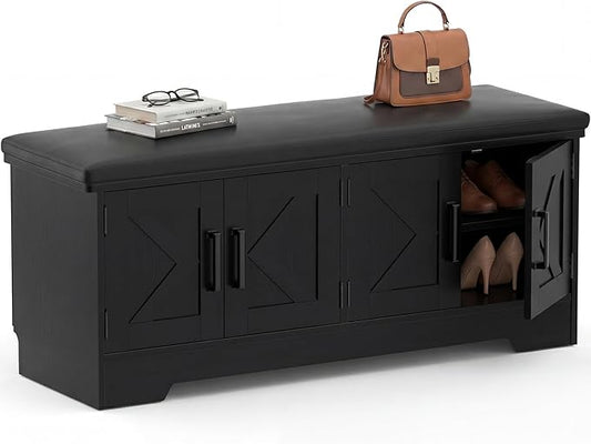 Farmhouse Shoe Storage Bench with Cushion - 43.3" Entryway Bench with Storage & 4 Barn Doors, 2-Tier Wooden Shoe Rack Bench, Hidden Shoe Cabinet & Mudroom Bench for Bedroom Hallway Living Room, Black