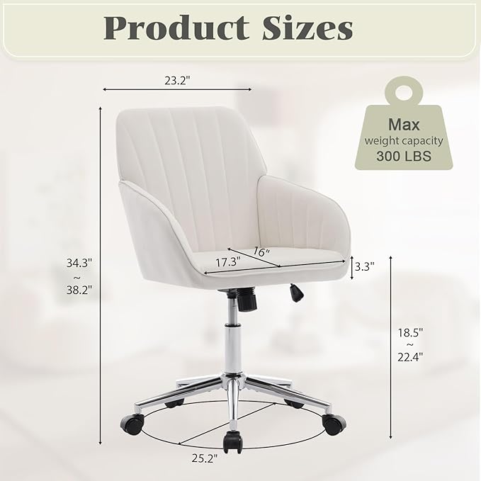 Velvet Vanity Chair with Wheels, Height Adjustable Swivel Makeup Chair, Armless Small Desk Chair for Bedroom/Office/Vanity Table, 250 lbs Capacity (Velvet, White-3)